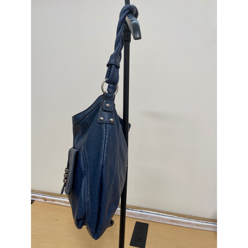 Ruma Navy Blue Pebbled Vegan Leather Hobo Bag Braided Strap Silver Hardware - Picture 3 of 7